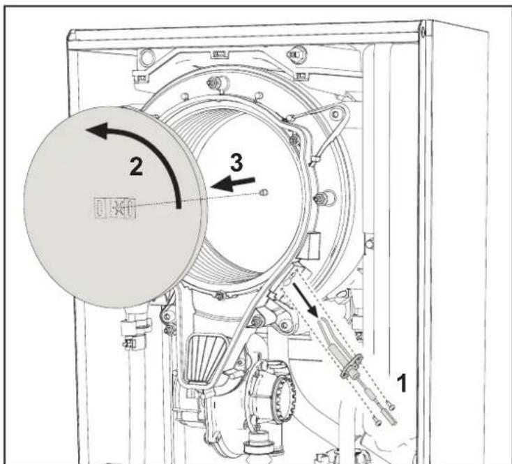 Technical diagram of a mechanical device with labeled components and directional arrows indicating motion or flow.