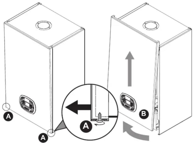 Diagram illustrating a door switch mechanism with labeled components A and B, showing directional movement and component placement.