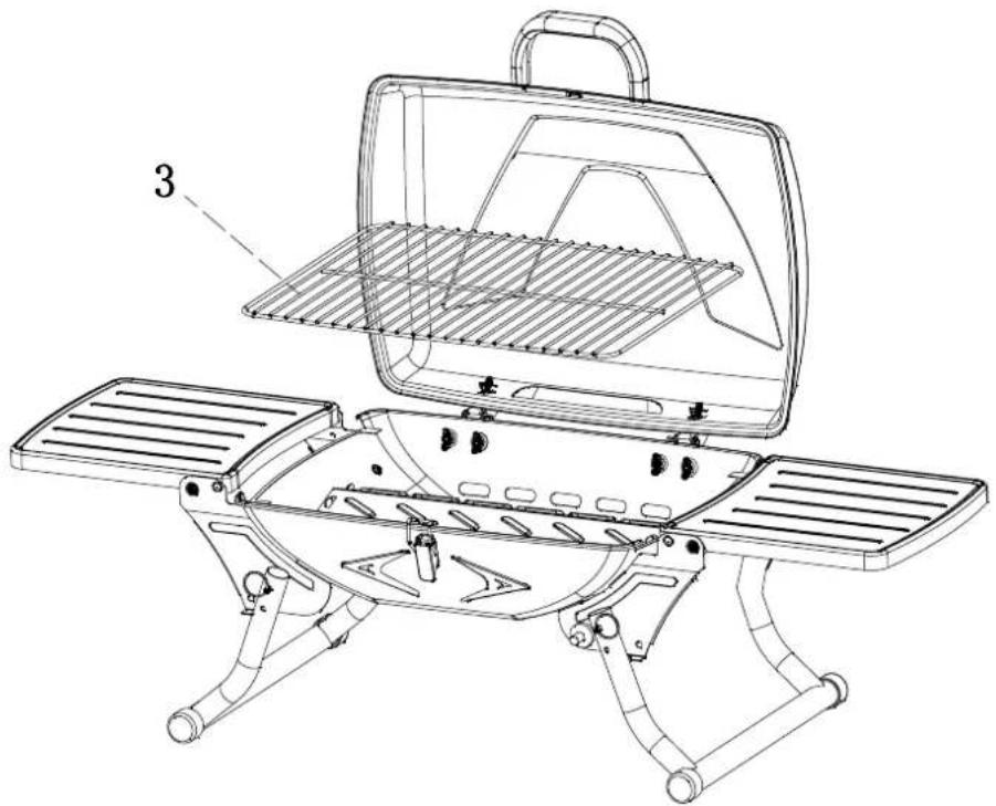 Line drawing of a portable grill with open lid and side legs, no text or symbols present