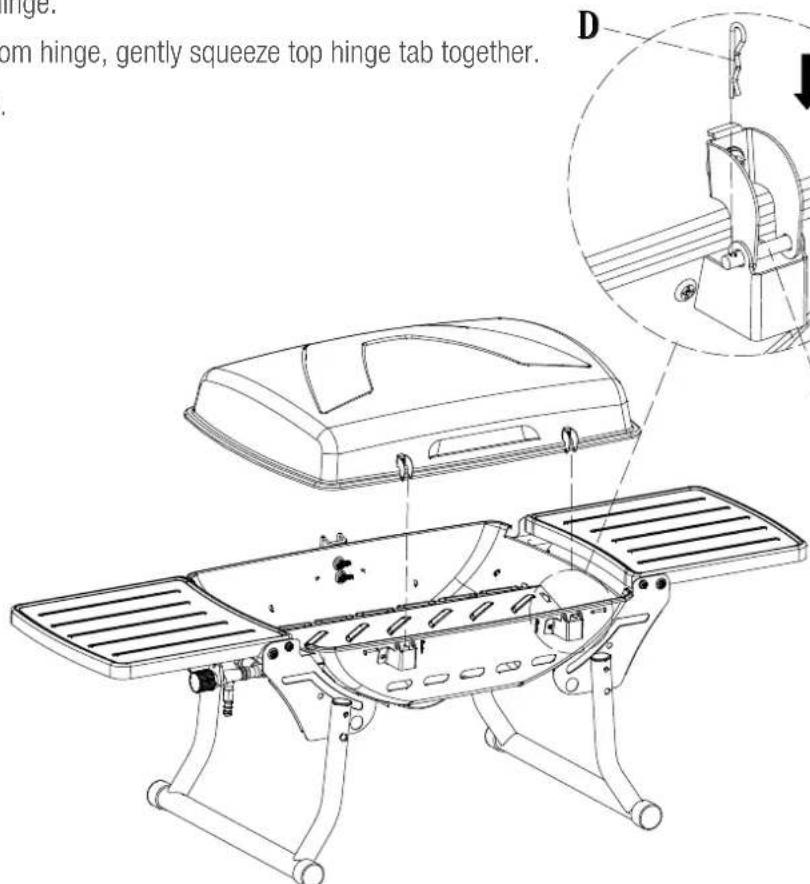 Hinge. om hinge, gently squeeze top hinge tab together. D
