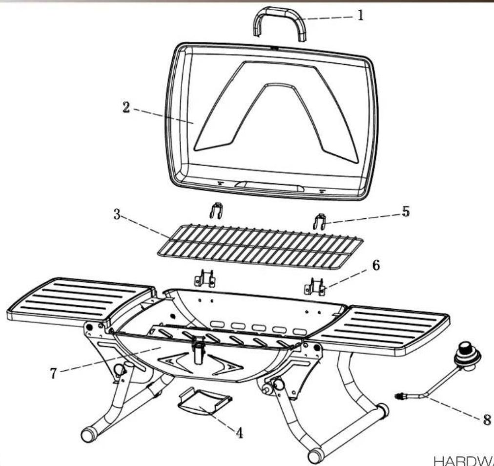 Technical diagram of a portable grill with labeled parts including front panel, grating tray, and heater
