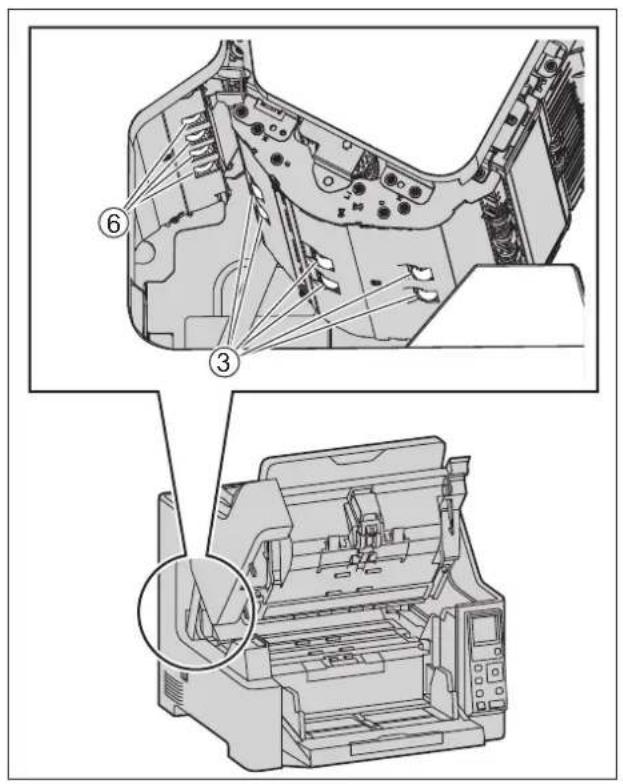 Technical diagram showing a printer assembly with numbered parts and a close-up of the printer's internal structure.
