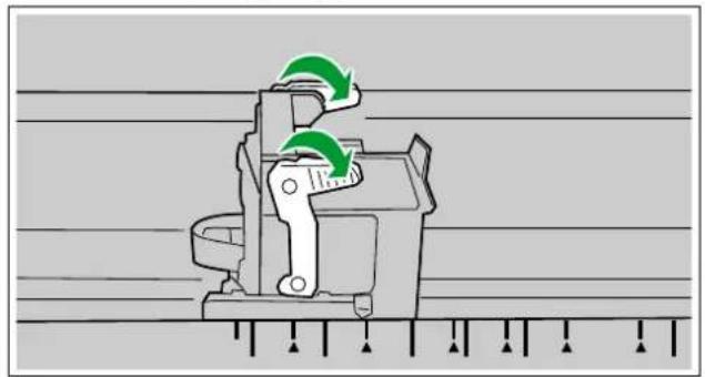 Diagram of a mechanical device with green arrows indicating motion or force direction, no text or symbols present