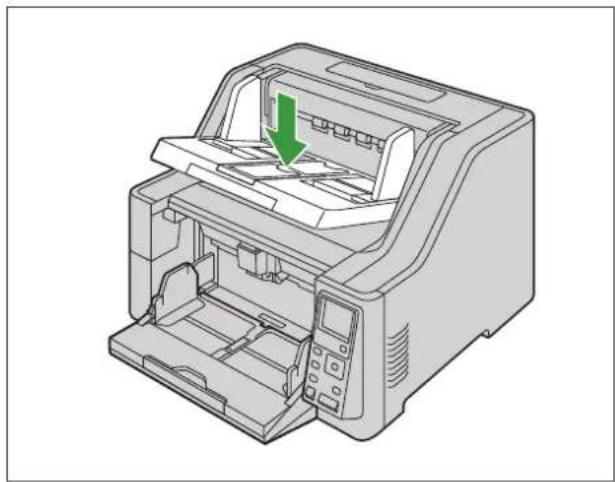 Illustration of a printer with a green arrow indicating a download or exit operation (no text or symbols present)