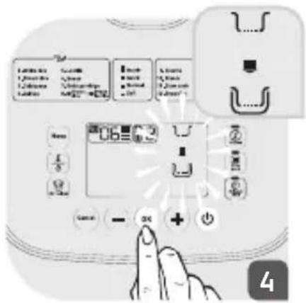 Diagram of a home control panel with labeled buttons and icons, showing a finger pressing the button.