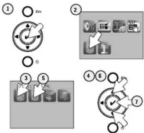 Diagram showing a control panel with numbered steps and labeled buttons, likely illustrating a device or system operation.