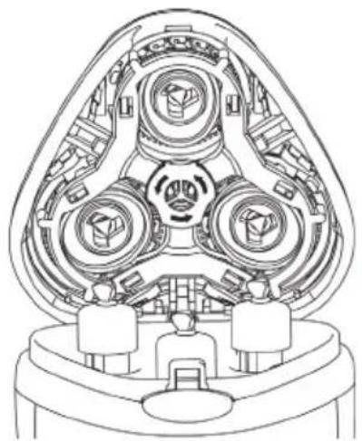 Technical line drawing of a mechanical component with three circular cavities and internal components (no text or symbols)