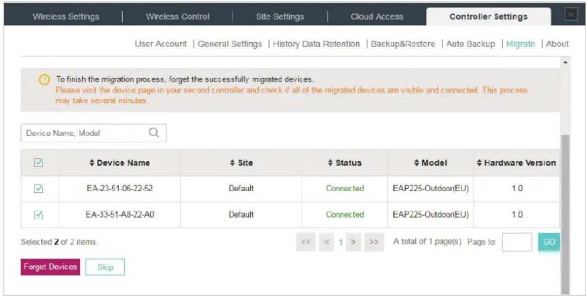 Wireless Settings | Wireless Control | Site Settings | Cloud Access | Controller Settings User Account | General Settings | History Data Retention | Backup&Restore | Auto Backup | Migrate | About To finish the migration process, forget the successfully migrated devices. Please visit the device page…