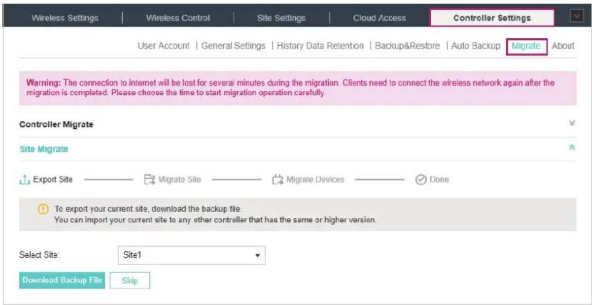 Wireless Settings | Wireless Control | Site Settings | Cloud Access | Controller Settings User Account | General Settings | History Data Retention | Backup&Restore | Auto Backup | Migrate | About Warning: The connection to the internet will be lost for several minutes during the migration. Clients n…