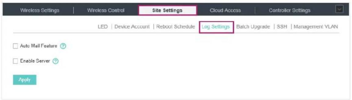 Wireless Settings | Wireless Control | Site Settings | Cloud Access | Controller Settings | LED | Device Account | Reboot Schedule | Log Settings | Balch Upgrade | SSH | Management VLAN Auto Mail Feature ? Enable Server ? Apply