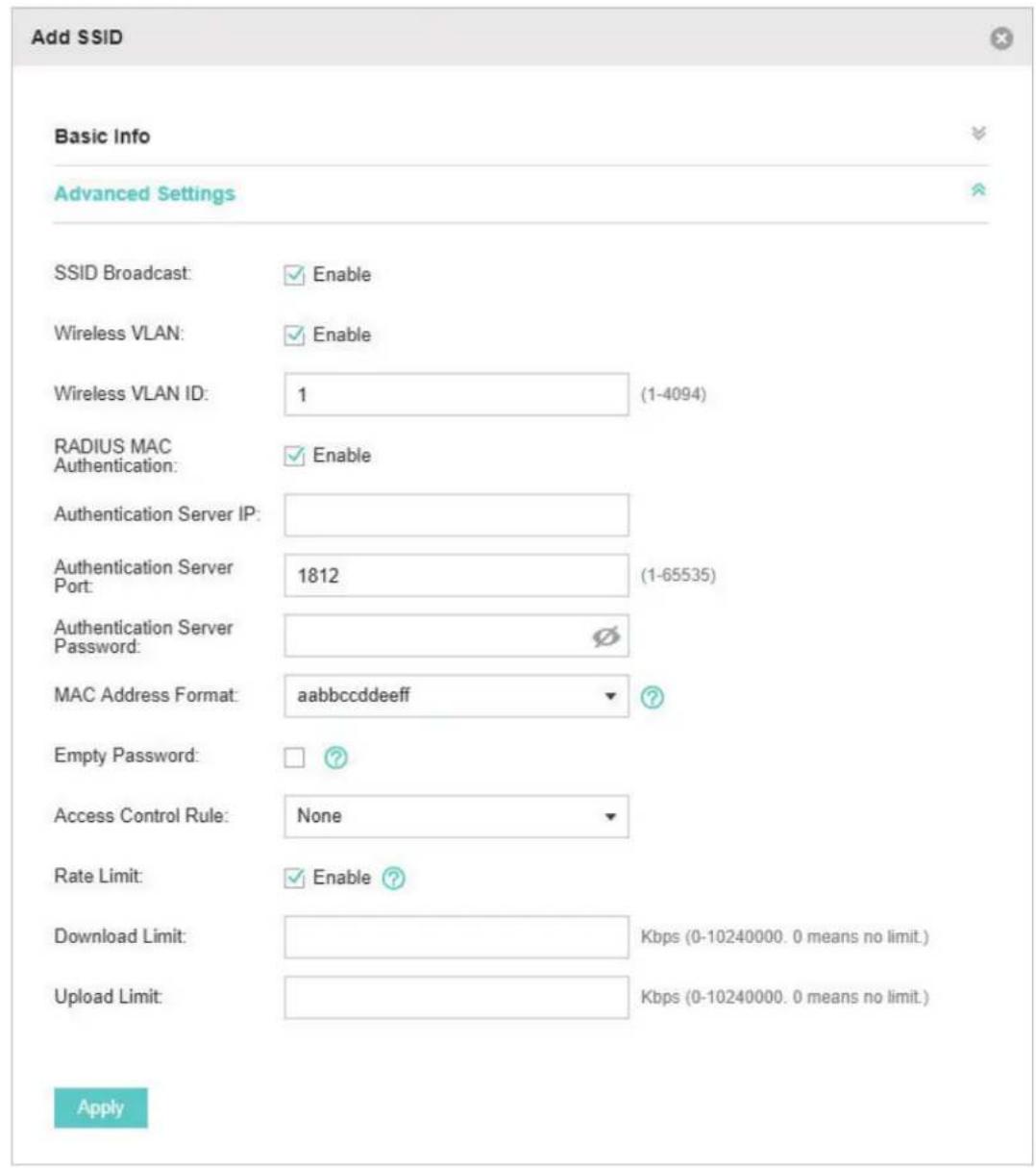 Add SSID Basic Info Advanced Settings SSID Broadcast: Enable Wireless VLAN: Enable Wireless VLAN ID: 1 (1-4094) RADIUS MAC Authentication: Enable Authentication Server IP: Authentication Server Port: 1812 (1-65535) Authentication Server Password: MAC Address Format: aabbccddeeff ? Empty Password: ?…
