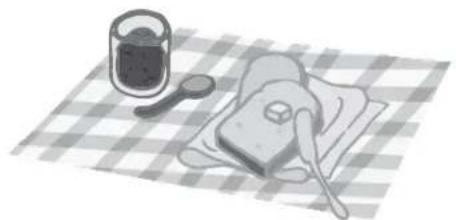 Illustration of a table setting with a glass of dark liquid, a spoon, and a rectangular object on a checkered tablecloth (no text or symbols)