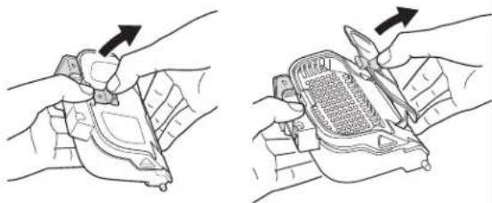 Two-step illustration showing hands holding a small object with an arrow indicating direction (no text or symbols)