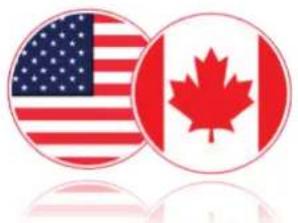 Two overlapping circular flags: one USA with American flag, the other Canadian maple leaf (no text or symbols)
