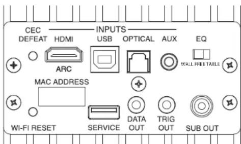 CEC DEFEAT HDMI INPUTS USB OPTICAL AUX EQ ARC WALL FREE TABLE MAC ADDRESS WI-FI RESET SERVICE DATA OUT TRIG OUT SUB OUT