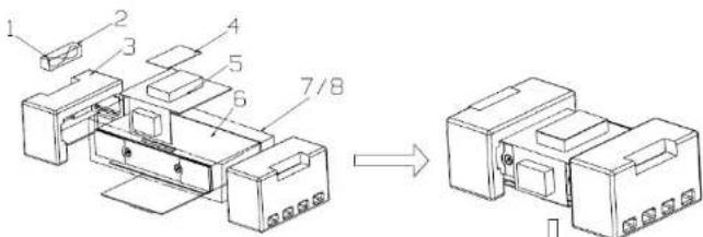 Technical diagram showing assembly of a device with numbered components and an arrow indicating transformation or assembly.