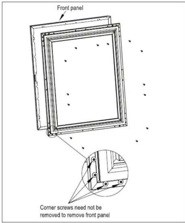 Front panel Corner screws need not be removed to remove front panel