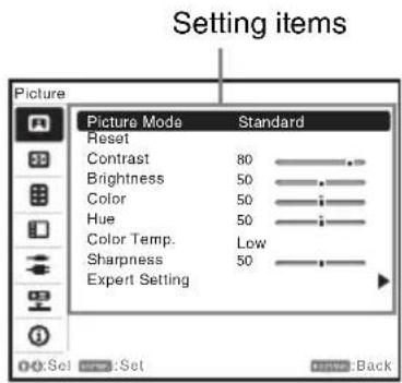 Setting items Picture Picture Mode Standard Reset Contrast 80 Brightness 50 Color 50 Hue 50 Color Temp. Low Sharpness 50 Expert Setting