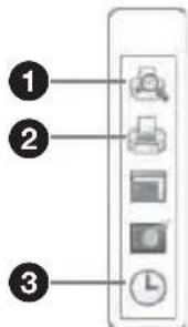 Diagram showing three labeled icons pointing to a toolbar with icons for zoom, printer, and timer functions.