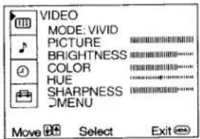 VIDEO MODE: VIVID PICTURE BRIGHTNESS COLOR HUE SHARPNESS CMENU Move Select Exit