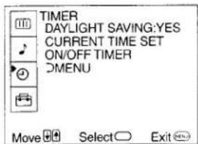 TIMER DAYLIGHT SAVING:YES CURRENT TIME SET ON/OFF TIMER DMENU Move Select Exit