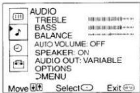 AUDIO TREBLE BASS BALANCE AUTO VOLUME: OFF SPEAKER: ON AUDIO OUT: VARIABLE OPTIONS OMENU Move Select Exit