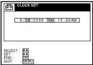 CLOCK SET 9/28/2000 THU 12:00 AM SELECT: SET: END: OK QUIT: MENU