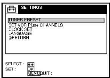 TUNER PRESET SET VCR Plus+ CHANNELS CLOCK SET LANGUAGE RETURN SELECT: SET: OK MENU QUIT: