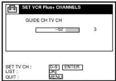 SET VCR Plus+ CHANNELS GUIDE CH TV CH -52 3 SET TV CH : 0-9 ENTER LIST : OK QUIT : MENU