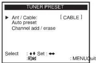 TUNER PRESET ► Ant / Cable: [ CABLE ] Auto preset Channel add / erase Select : ◆↓ Set : ↔ : Edit : MENUQuit