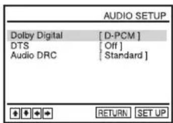 AUDIO SETUP Dolby Digital [D-PCM] DTS [Off] Audio DRC [Standard] RETURN SET UP