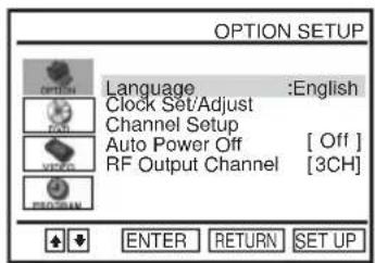 OPTION SETUP Language: English Clock Set/Adjust Channel Setup Auto Power Off [Off] RF Output Channel [3CH] ENTER RETURN SET UP