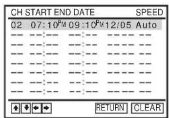 CH START END DATE SPEED 02 07:10PM 09:10PM 12/05 Auto ←←←→ RETURN CLEAR