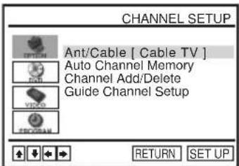 CHANNEL SETUP Ant/Cable [ Cable TV ] Auto Channel Memory Channel Add/Delete Guide Channel Setup RETURN SET UP