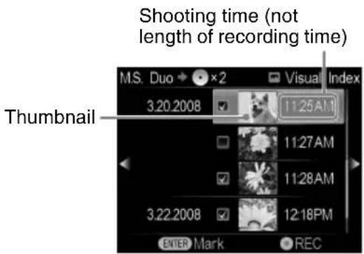 Shooting time (not length of recording time) MS. Duo ×2 Visual Index 3.20.2008 11:25AM Thumbnail 11:27AM 11:28AM 3.22.2008 12:18PM ENTER Mark REC