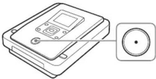 Line drawing of a CD or DVD device with a circular button and indicator lights, no text or symbols present.