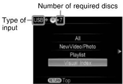 Number of required discs Type of input USB 7 All NewVideo/Photo Playlist Visual Index RETURN Top