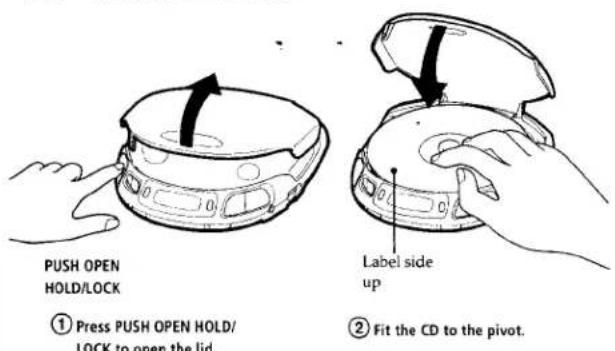PUSH OPEN HOLD/LOCK ① Appuyez sur PUSH OPEN HOLD/LOCK pour ouvrir le couvercle. Côté étiquette vers le haut ② Placez le CD sur le pivot.