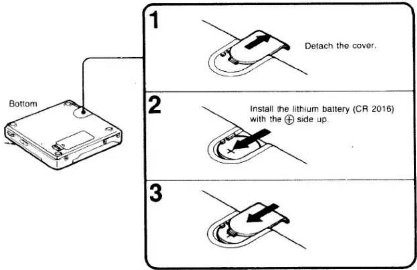 graph TD A["Bottom"] --> B["1 Detach the cover."] B --> C["2 Install the lithium battery (CR 2016) with the ⊕ side up."] C --> D["3"]