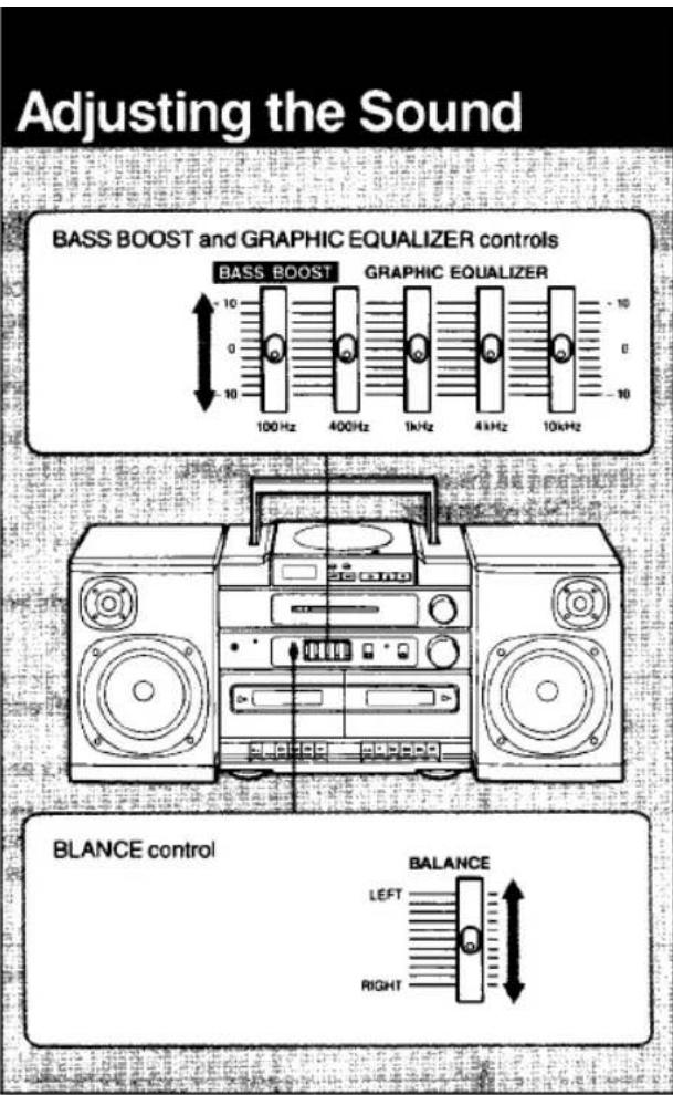 Adjusting the Sound BASS BOOST and GRAPHIC EQUALIZER controls BASS BOOST GRAPHIC EQUALIZER 100Hz 400Hz 1kHz 4kHz 10kHz BLANCE control BALANCE LEFT RIGHT