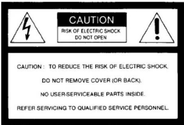 CAUTION RISK OF ELECTRIC SHOCK DO NOT OPEN CAUTION: TO REDUCE THE RISK OF ELECTRIC SHOCK. DO NOT REMOVE COVER (OR BACK). NO USER-SERVICEABLE PARTS INSIDE. REFER SERVICING TO QUALIFIED SERVICE PERSONNEL.