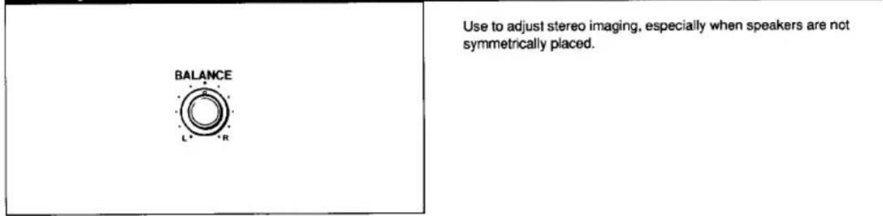 BALANCE L R Use to adjust stereo imaging, especially when speakers are not symmetrically placed.