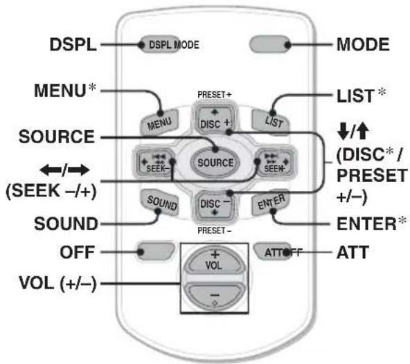 graph TD A["DSPL"] --> B["DSPL MODE"] B --> C["MODE"] D["MENU*"] --> E["MENU"] E --> F["DISC +"] F --> G["LIST"] H["SOURCE"] --> I["SEEK-"] I --> J["SOURCE"] J --> K["SEEW+"] L["(SEEK -/+) ←/→"] --> M["SOUND"] M --> N["DISC-"] N --> O["ENTER"] P["SOUND"] --> Q["PRESET-"] Q --> R["ATTOFF"] S["OFF"] -…
