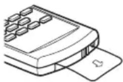 Line drawing of a digital payment terminal with a card and keypad (no text or symbols)