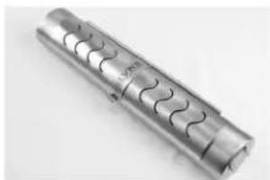 Metallic cylindrical object with internal spiral grooves, no visible text or symbols