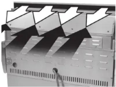 Close-up of a server rack with ventilation grilles and black arrows indicating upward motion (no text or symbols).
