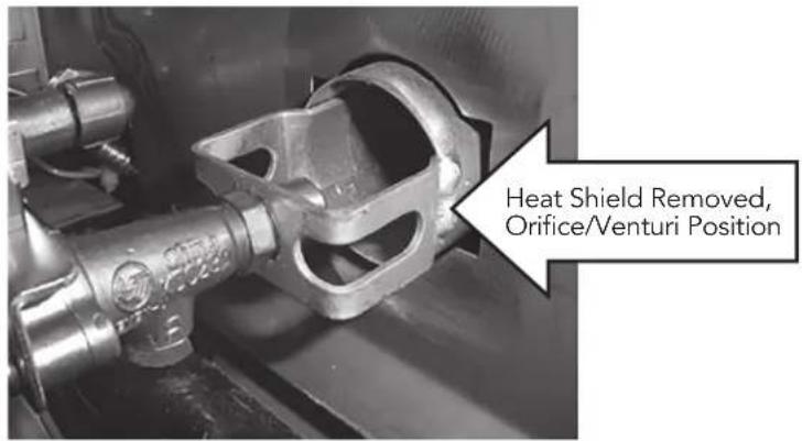 Heat shield removed, orifice/venturi position.