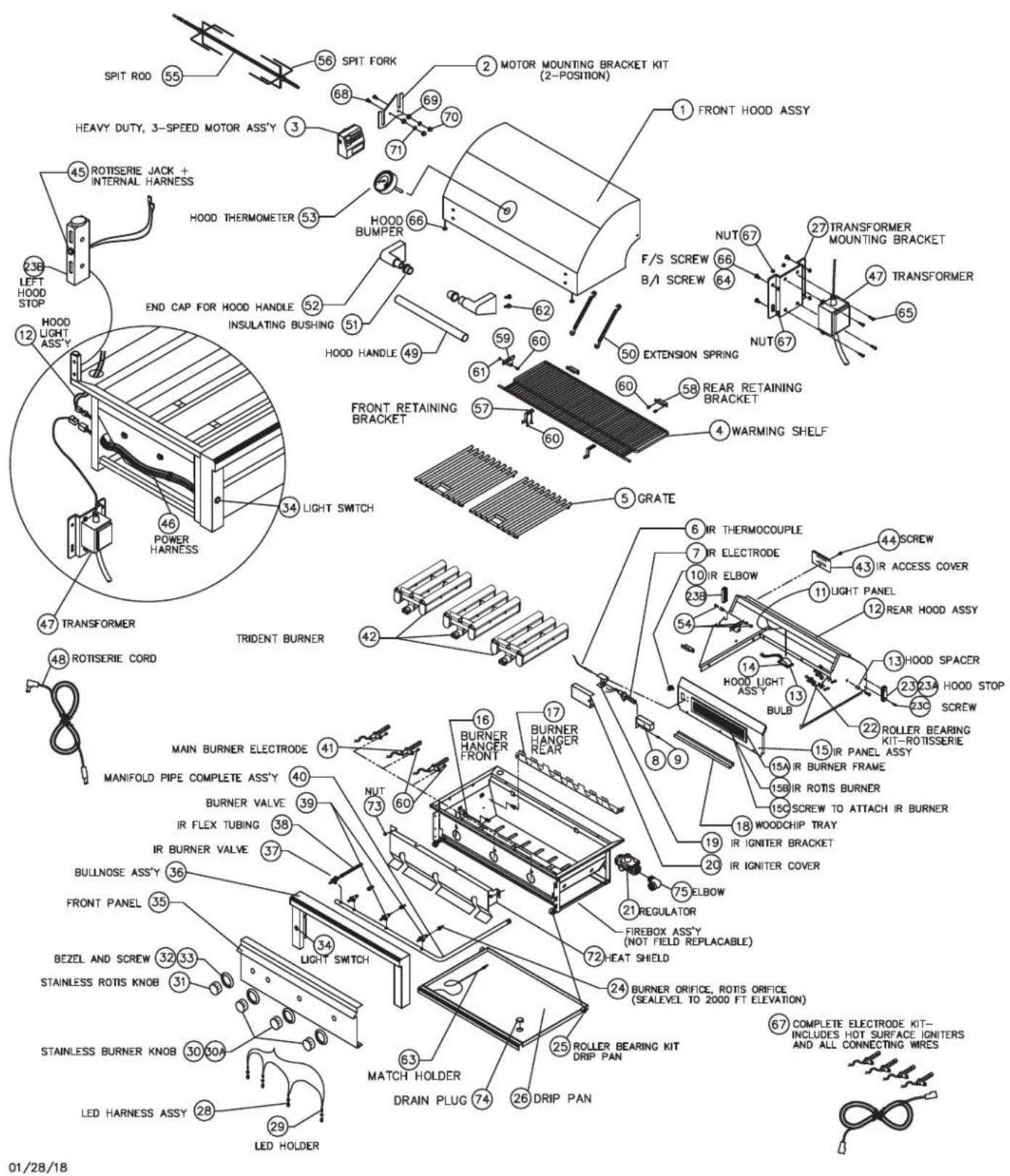 SPIT ROD 55, 56 SPIT FORK, 68, 69, 70, 71, 2 MOTOR MOUNTING BRACKET KIT (2-POSITION), HEAVY DUTY, 3-SPEED MOTOR ASS'Y, 3 HOOD THERMOMETER, 53 HOOD BUMPER, END CAP FOR HOOD HANDLE, INSULATING BUSHING, 52, 51 HOOD HANDLE, 49, 62, 59, 60, 61, 60, 50 EXTENSION SPRING, FRONT RETAINING BRACKET, 57, 60, 5…