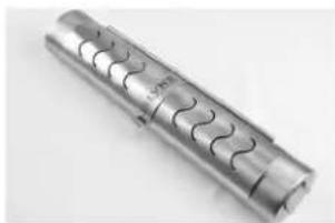 Metallic cylindrical object with internal wavy lines, no visible text or symbols.