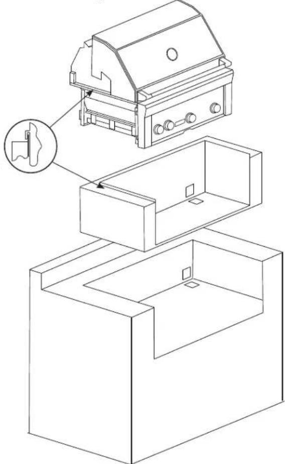 Isometric line drawing of a gas stove with internal compartments and a close-up view of the stove (no text or labels)
